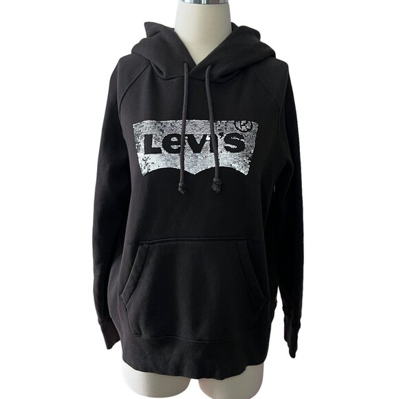 Levis Hoodie Womens Small Black Sequins Spell Out Pullover Sweatshirt - Picture 1 of 7